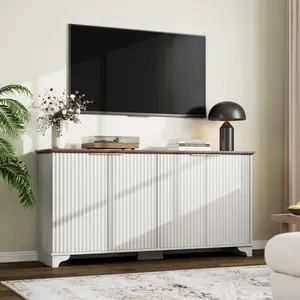 【GARVEE】61" Sideboard Buffet Storage Cabinet - Accent Console Credenza Table, Modern Kitchen Cupboard with 4 Fluted Panel Doors, Farmhouse Coffee Bar Cabinets for Dining Living Room, Home Office, White Oak