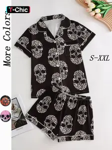 Halloween Women's All Over Skull Print Leopard Print Button Front Shirt & Shorts Pyjama Set, Comfort Two-piece Pj Set for Homewear, Women's Sleepwear for All Seasons, Leopard Print Pajamas, Sleepwear Loungewear Set