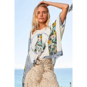 POL- V-neck floral print multi color peace patch top