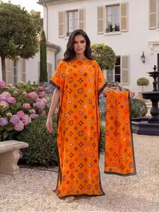 Women's Elegant Casual Geometric Print Robe Set, Fitted Long Dress + Headscarf Scarf Hairband, Beach Sun Protection Satin Silk Shawl