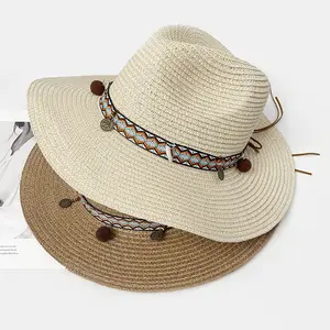 Summer Straw Panama Fedora Sun Hat UV Protection Beach Cuban Trilby Hats for Men and Women