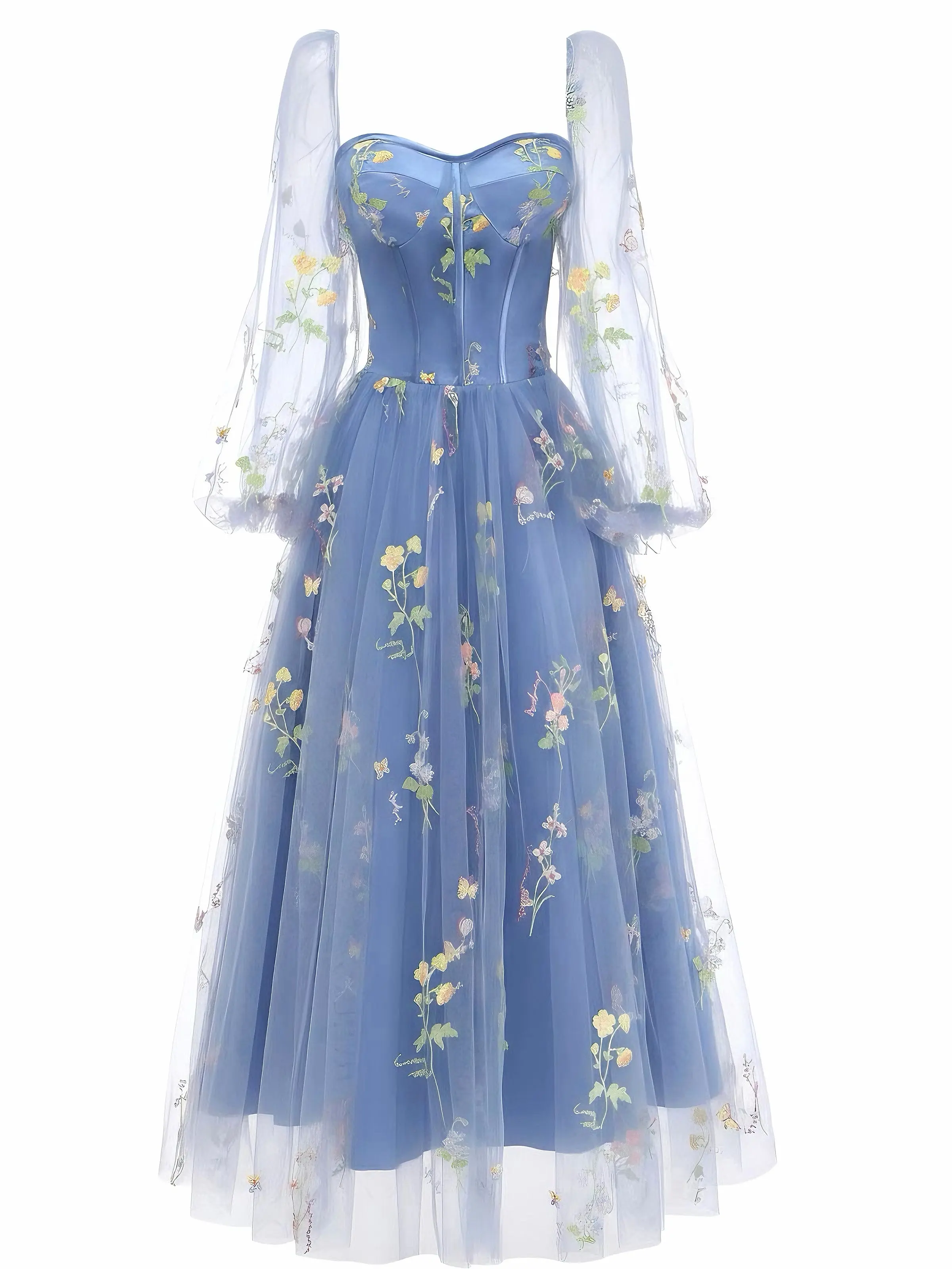 Blue 1930s Floral Embroidered Mesh Long Sleeve Dresssummer dresses vacation outfits Fitted Womenswear