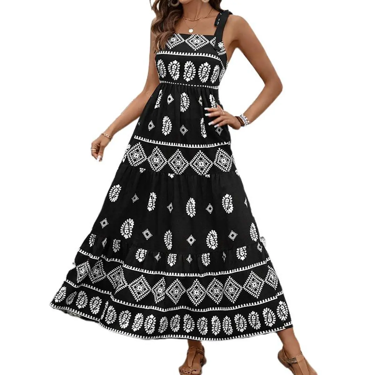 Women's Stretchy Strappy Sling Style Sleeveless Jersey Fabric Bodycon Dress - Ethnic Tribe Geometric Print, Crochet Detailing, Comfortable Bohemian Casual Wear, Cold Wash 1-Piece Outfit, Spaghetti Strap, Party, Jersey Blend, Normal Type