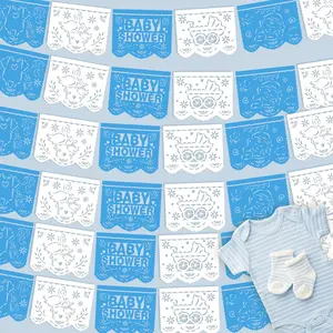 6 Pack 98.43 ft  Shower Papel Picado Mexican Banner Cielito Lindo Party Plastic Fiesta Banner Talavera Theme Decorations for  Shower Party (Blue and White)