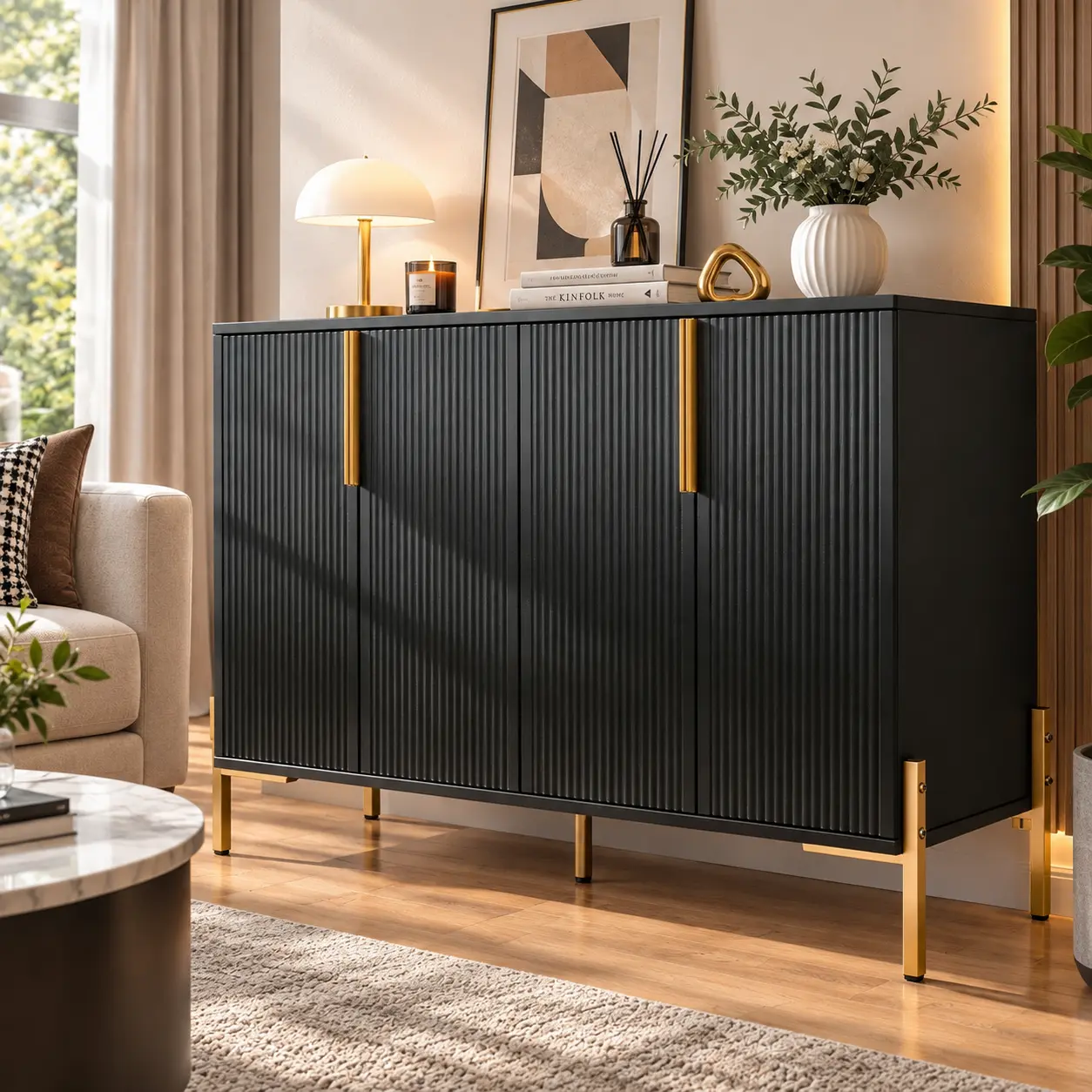 Buffet Cabinet with Storage, 4 Door Fluted Sideboard Cabinet with Adjustable Shelves, Black Wood Accent Storage Cabinet with Gold Metal Legs & Handles for Dining Room, Living Room, Entryway