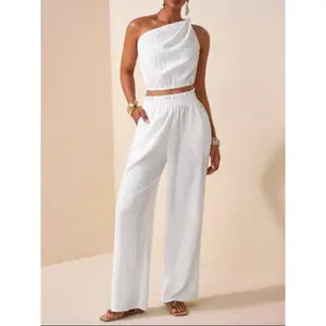 Two-piece Set Women's Solid Crop Top & Wide Leg Pants, Basic Elegant Fashion Casual Top & High Waist Trousers for Daily Outdoor Wear, Women's Clothing for Summer, Womenswear(gift)