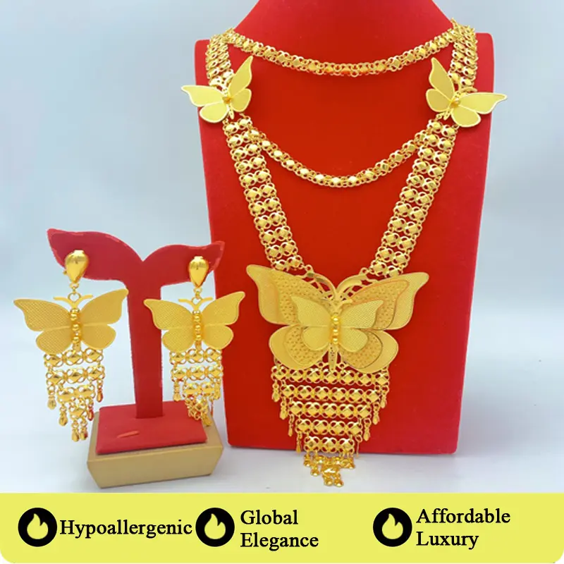 2-Piece Jewelry Set, Women's African Style Floral Tassel Statement Necklace and Earrings, Gold-Plated Costume Jewelry for Weddings, African Fashion, Classic African Traditional