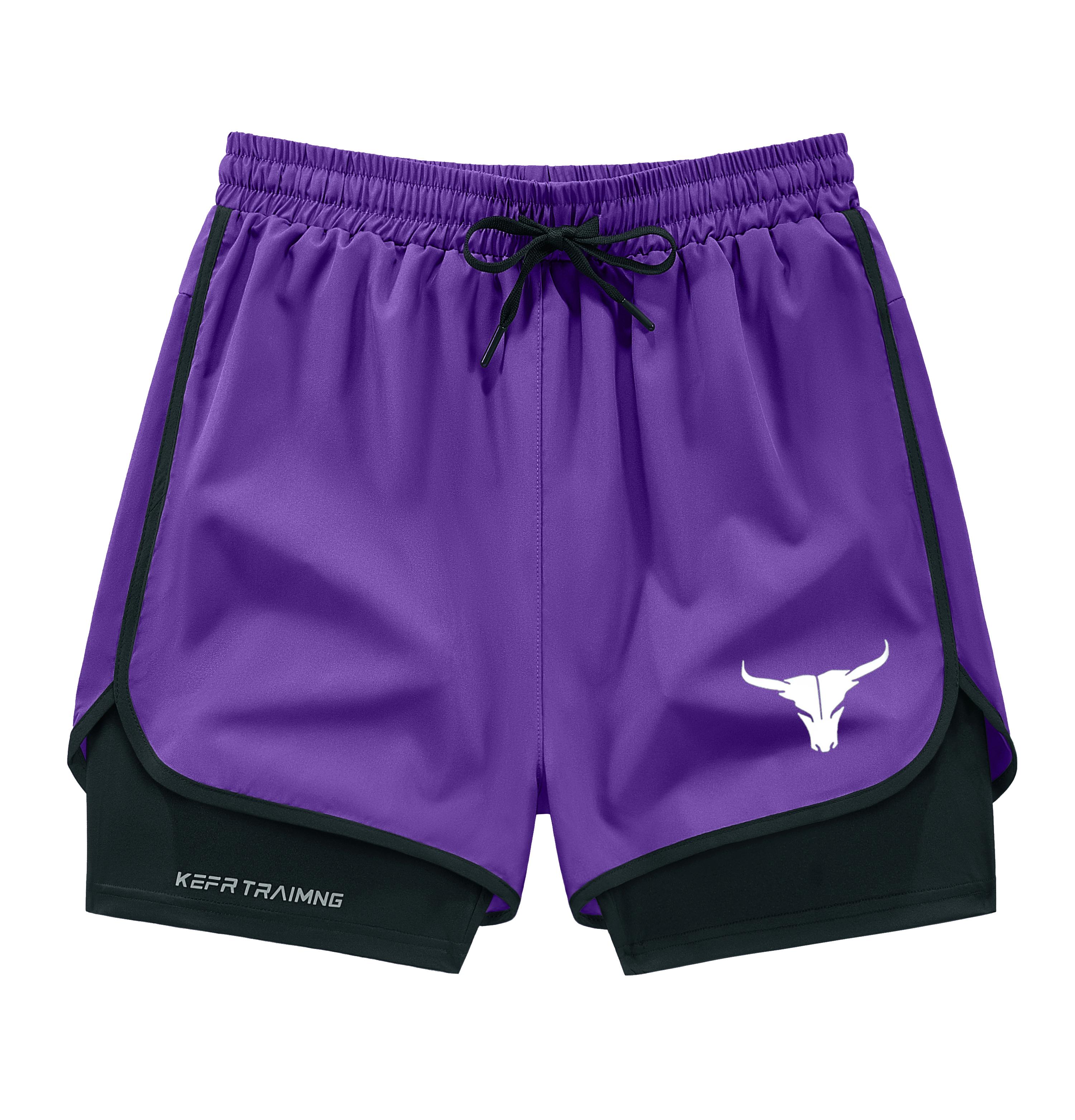 Men's 2 in 1 Quick Dry Gym Shorts, Bull Graphic Double-Decker Athletic Shorts with Zipper Pockets, 3 Pack Workout Running Shorts for Men