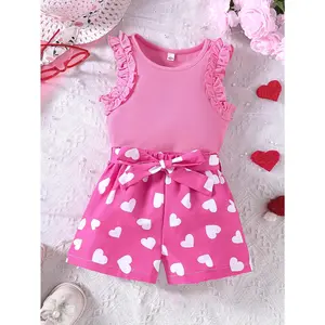 2pcs Girls' Outfit, Ruffle Trim Knit Vest & Heart Pattern Shorts, Polyester Slight Stretch Fashion Set, Outdoor Baby Clothing Dresses