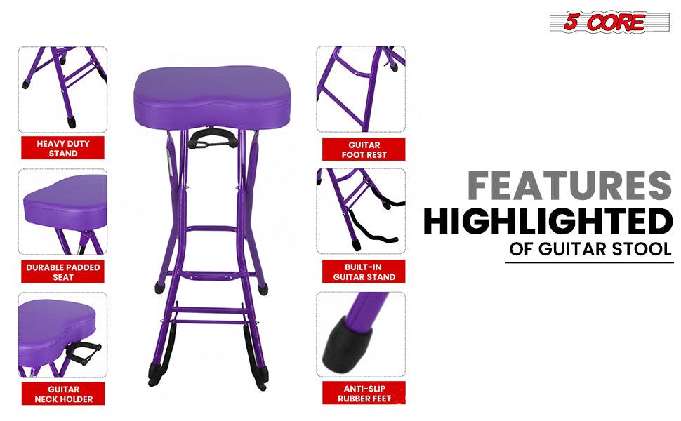 5Core Guitar Stool 3.15" Padded Chair Foldable Heavy Duty Music Seat Built in Foot Rest Guitar Stand