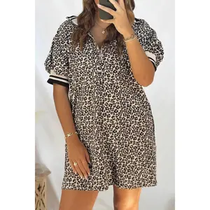 Khaki Leopard Print Zip Neck Striped Webbing Patchwork T Shirt Mini Dress