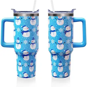 40oz Stainless Steel Double-Walled Vacuum Insulated Drinkware Tumbler Bottles - Portable Christmas Snowman Design with Lid, Handle, Straw, Winter Holiday Travel Mug for Men, Home Kitchen Gift (1PC)