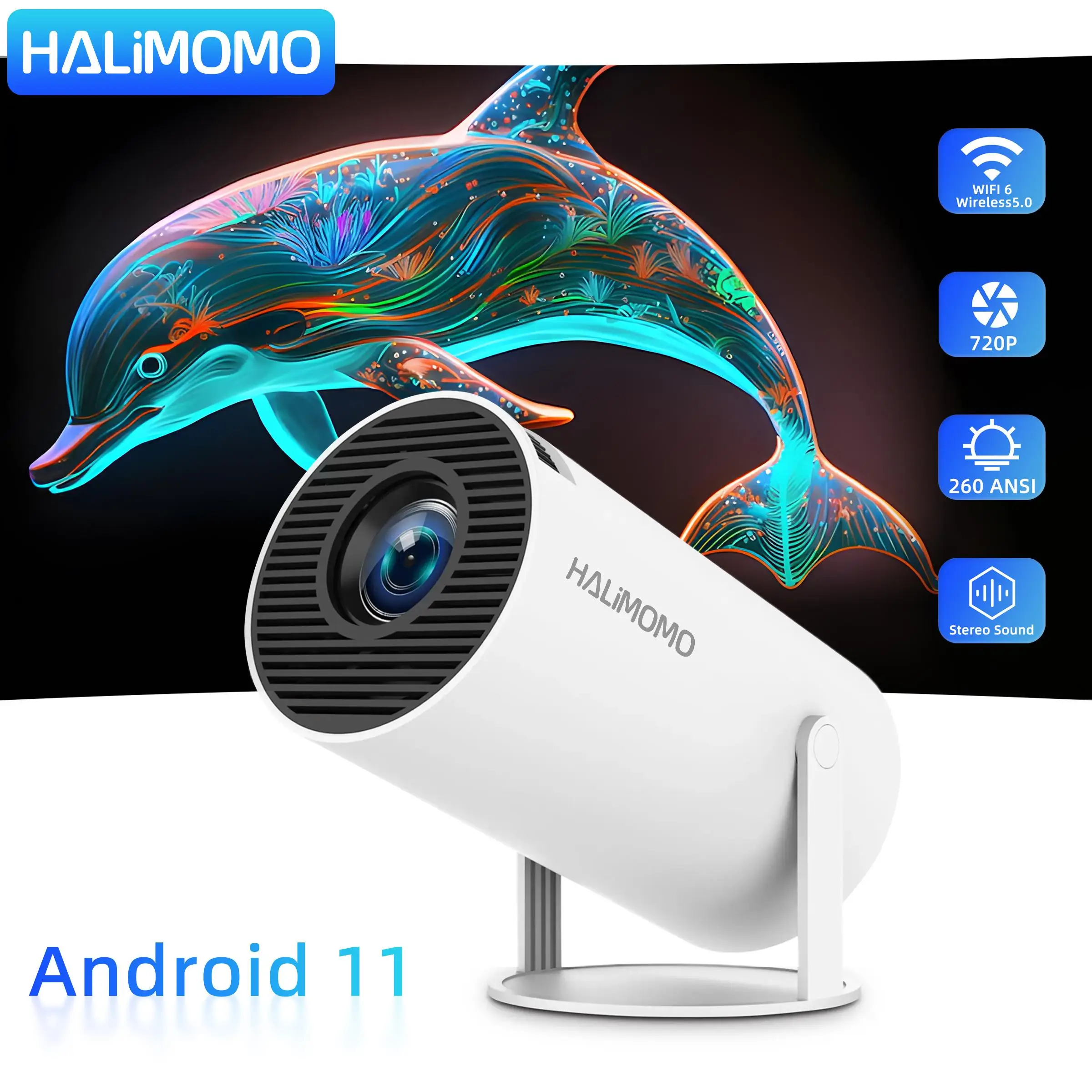 HY300 Pro Portable Projector, Bluetooth-compatible Projector, Professional Outdoor Projector, 180° Adjustable Android 11 WiFi 6 Projector for Home Off