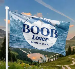 Funny Boob Lover Flag - Born in U.S.A. Patriotic Blue Outdoor Banner - Novelty Lake House Wall Decor