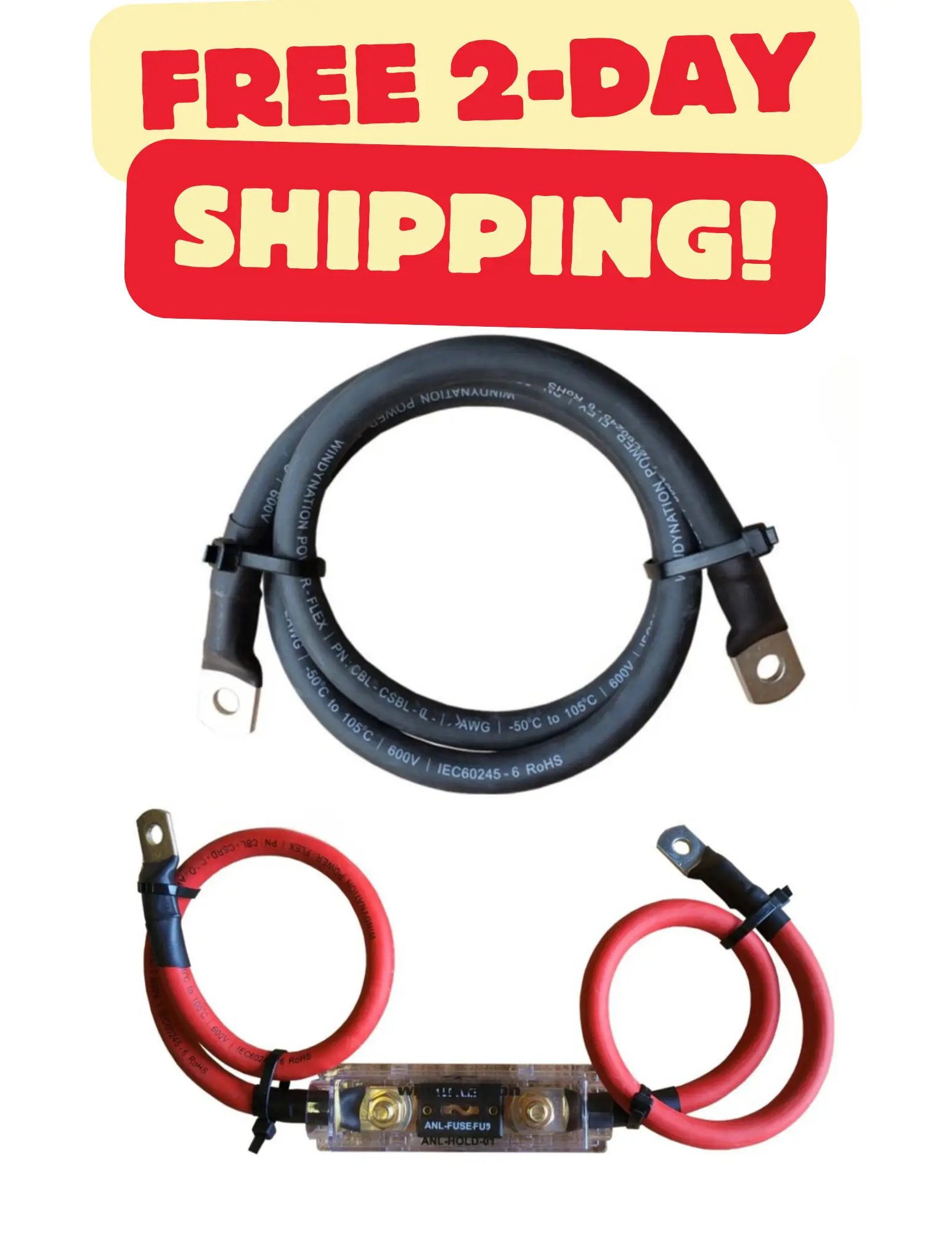 ANL Fuse With Cable Kit Inverter Radio Amplifier Battery RV Car Truck Trailer Camping Off-Grid Applications, 1 Full Length Piece Of Black Cable, 1/0 Awg 3 Ft Black & (2) 18 In Red + 300A Anl Fuse