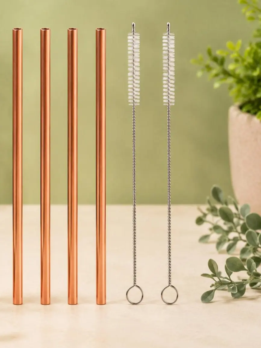 Copper Straws Food Safe Solid Copper Mule Drinking Straws(Set of 4) 8.5inch Straight Cleaning Brush Included