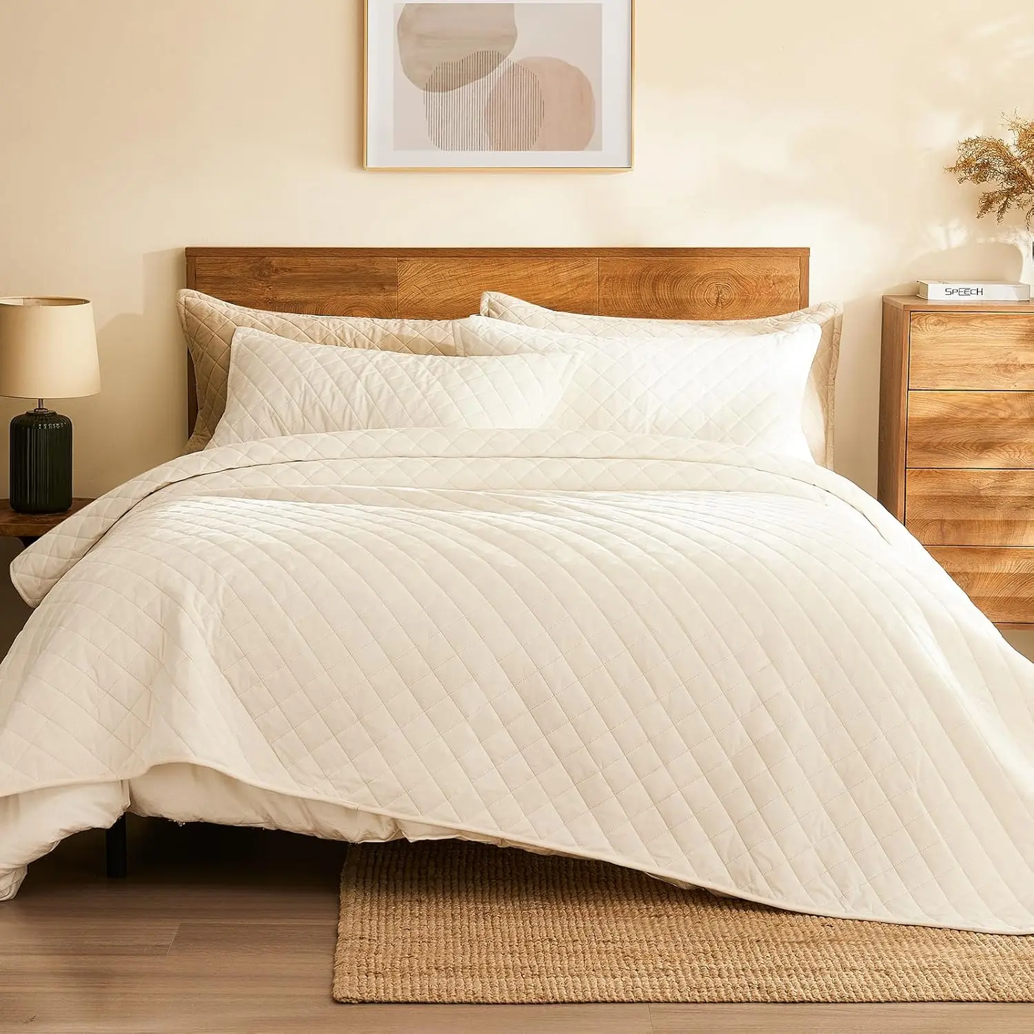 Velvet King Size: 3-Piece Reversible Luxury Velvet Bedding Comforter Set - Lightweight Oversized Quilted Bedspread Coverlet with 2 Pillow Sham for All Season - Cream White