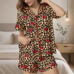 Silk Leopard Print Pajama Set, Long Sleeve Button-Up Sleepwear, Leopard Pajama Set
