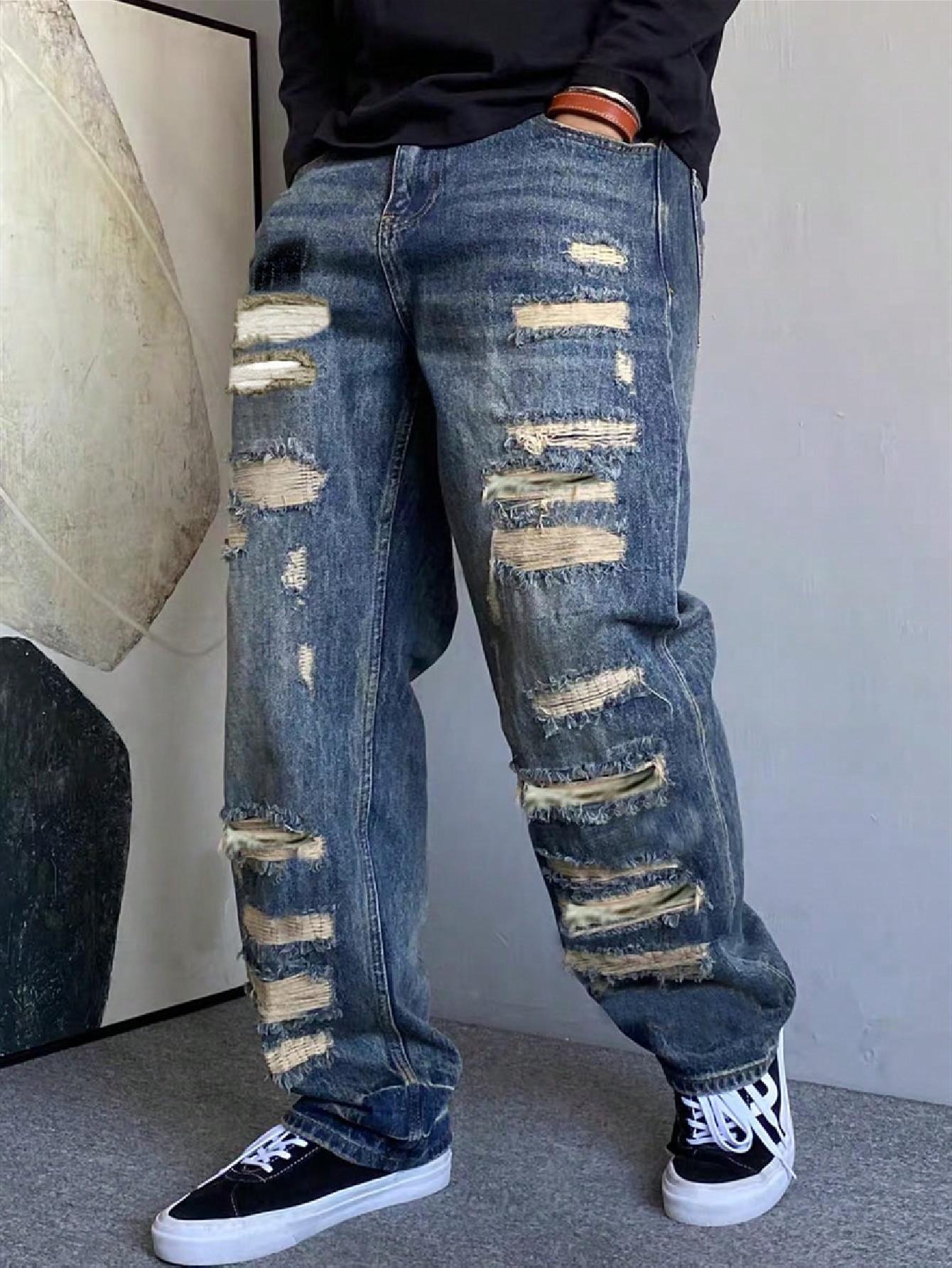 SRETOUU Men's Vintage Distressed Baggy Jeans, Ripped Wide Leg Denim Pants with Destroyed Details, Streetwear Hip Hop Loose Fit Jeans