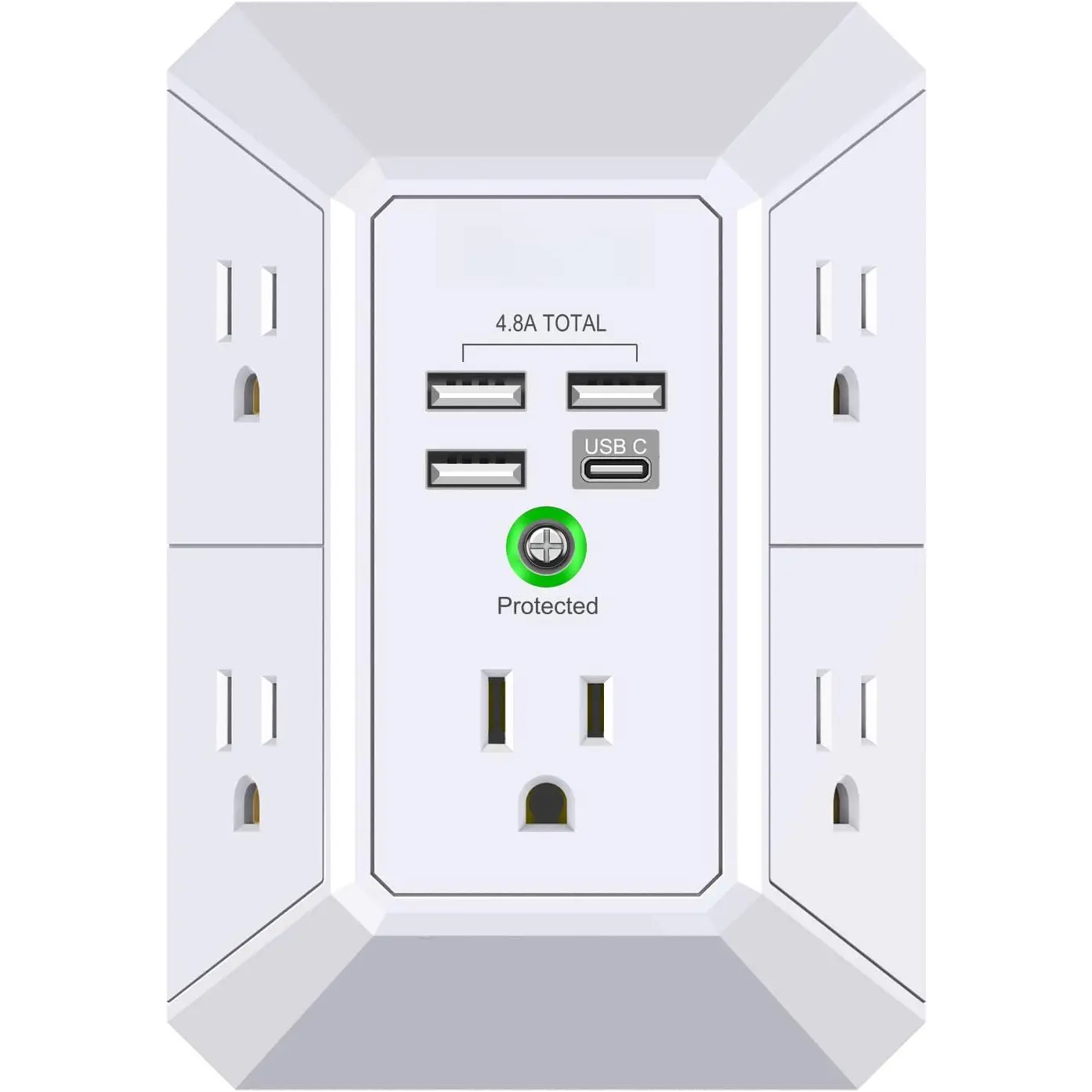 Wall Charger, Surge Protector,  5 Outlet Extender with 4 USB  Ports (4.8A Total) 3-Sided 1680J Power Strip Multi Plug Adapter Spaced for Home Travel Office (3U1C)