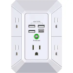 Wall Charger, Surge Protector,  5 Outlet Extender with 4 USB  Ports (4.8A Total) 3-Sided 1680J Power Strip Multi Plug Adapter Spaced for Home Travel Office (3U1C)