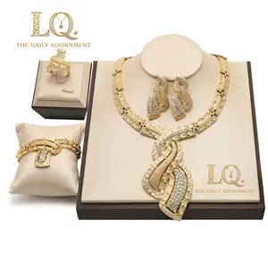LQ Luxury 4-Piece 18K Gold Plated Jewelry Set - Textured Crystal Ribbon Necklace, Bracelet, Earrings & Ring - Elegant Intertwined Flowing Pendant Statement Choker - Heavy Designer Look for Wedding, Mother of the Bride, Church & Gala (Gold Tone)