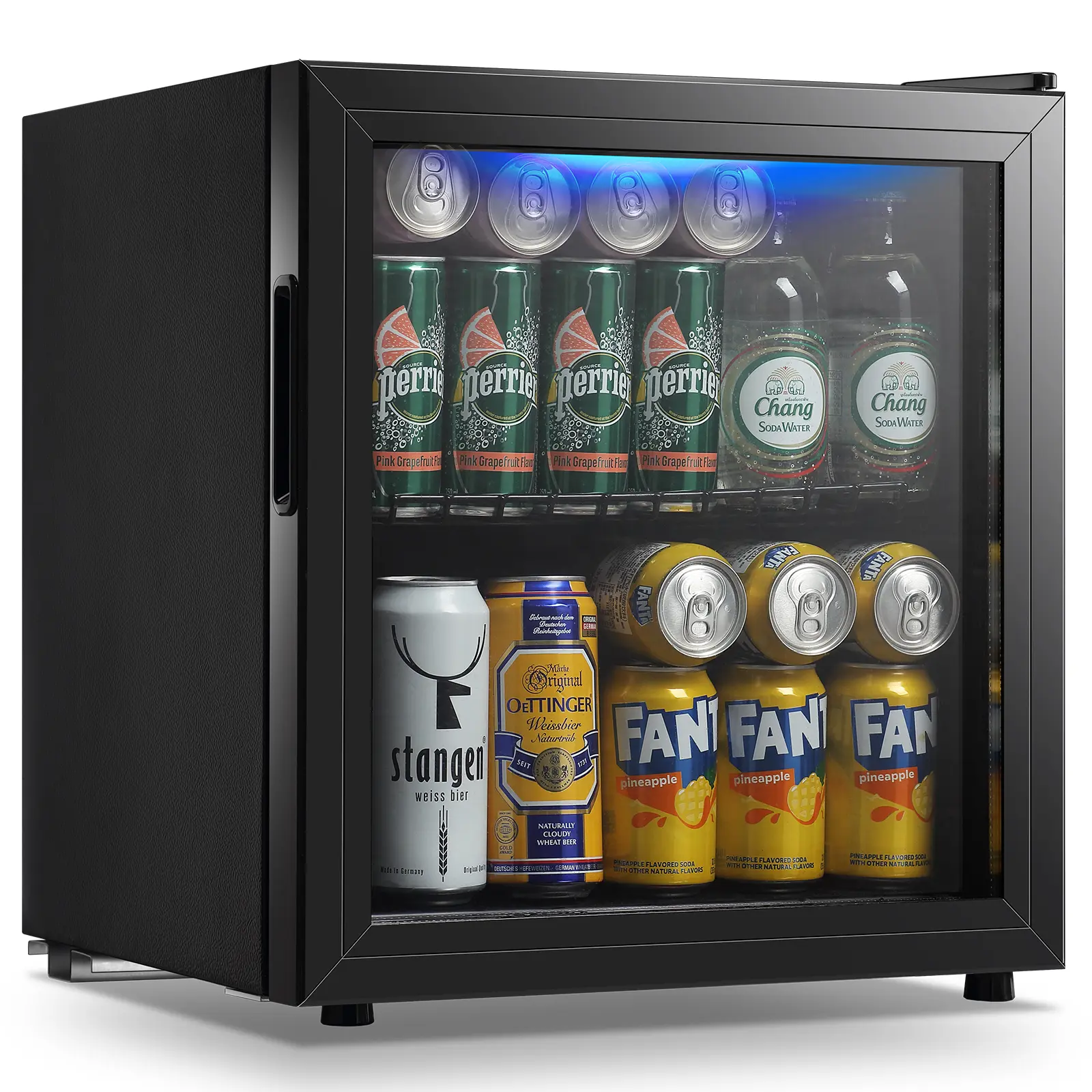 WANAI 1.7 cu.ft Mini Fridge with Tempered Glass Door, Blue LED Light, 58-Can Beverage Cooler Organizer for Drinks, Soda, Wine, Beer, Ideal for Home, Bars, Parties, Watch Party Use, Compact & Powerful