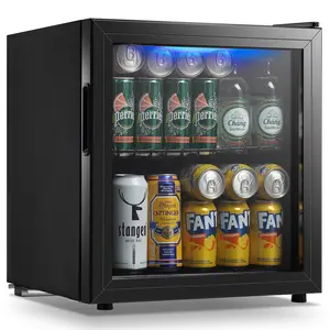 WANAI Mini Fridge Glass Door 58 Cans Beverage Cooler Refrigerator Mini Beer Fridge 1.7 cu.ft Organizer for Drinks Soda Wine Small Refrigerator with Blue LED for Home Office Dorm