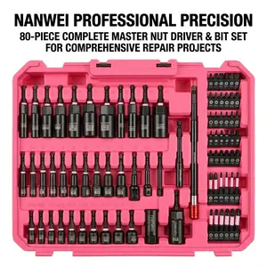 80PCS Impact Nut Driver & Screwdriver Bit Set, SAE & Metric Magnetic Hex Socket Bits Extension Bars Kit, Cr-V Steel Power Drill Accessories with Pink Hard Storage Case
