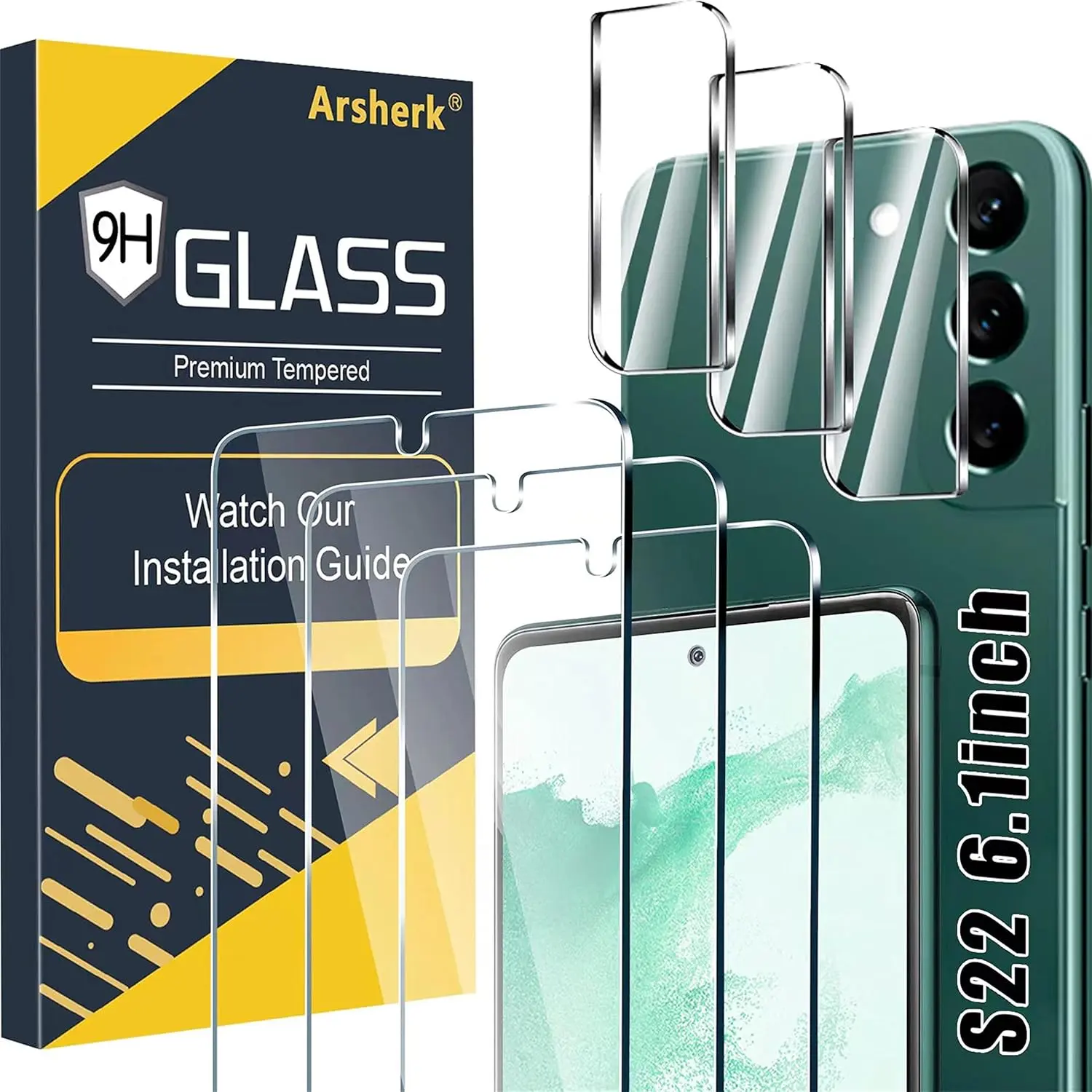 Screen Protector (3 Pack) for Samsung Galaxy S22 5G, 9H Tempered Glass, Ultrasonic Fingerprint Compatible, HD Clear, Case Friendly, 6 Pack Including Camera Protectors