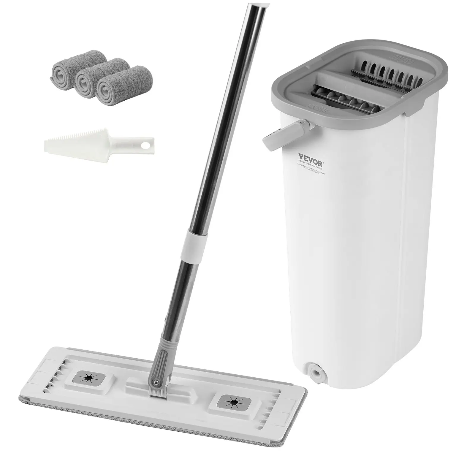 【summerfinds】VEVOR Mop and Bucket Set with Wringer Option Wet Dry Use Flat Design Microfiber Pads Stainless Steel Handle for Hardwood Tile Vinyl Floors, Dry Wet Mops, Flat Mop Mops