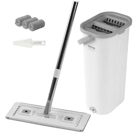 【toolupgrade】VEVOR Slim Wet-Dry Flat Mop & Bucket Set with Wringer, Removable Baseboards, Stainless Steel Handle, 3 Washable Microfiber Pads, Dual-Chamber, 30° Auto Rebound for Hard Surface Floor Cleaning | Mop Heads Replacement Compatible