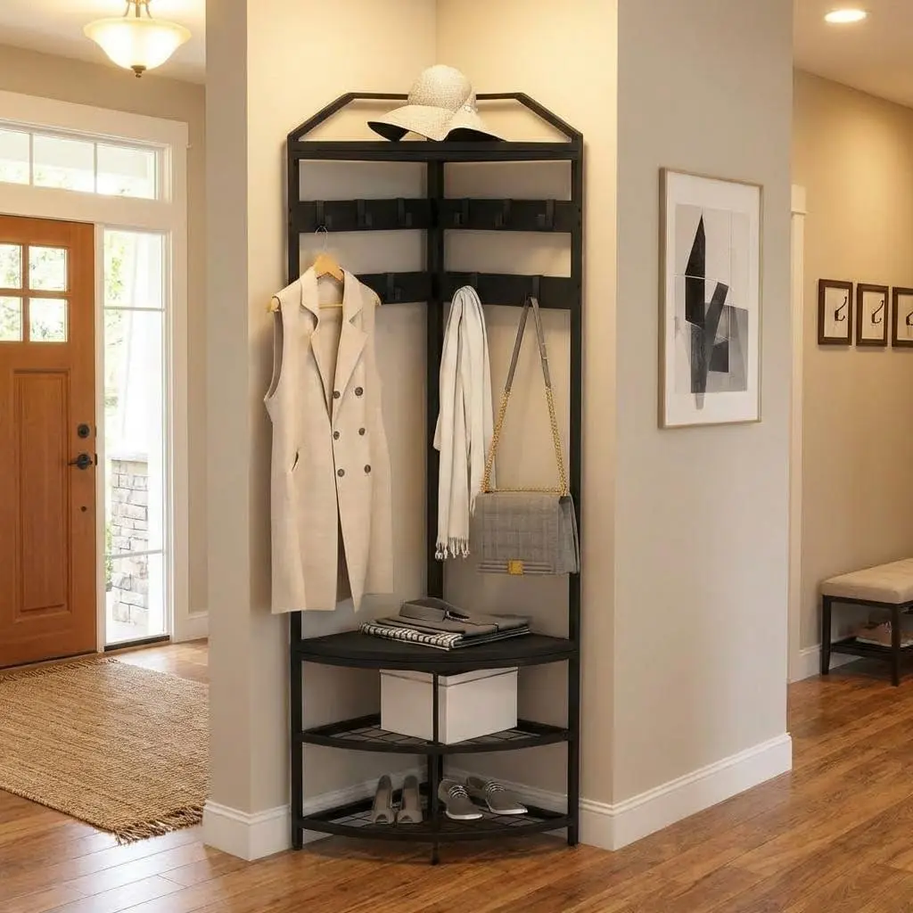 Entryway Coat Rack with Storage, Narrow Corner Hall Tree with Mesh Shelves, Movable Hooks & Adjustable Feets, Metal Corner Coat Rack for Entryway, Bedroom, Black Wooden Coat Rack
