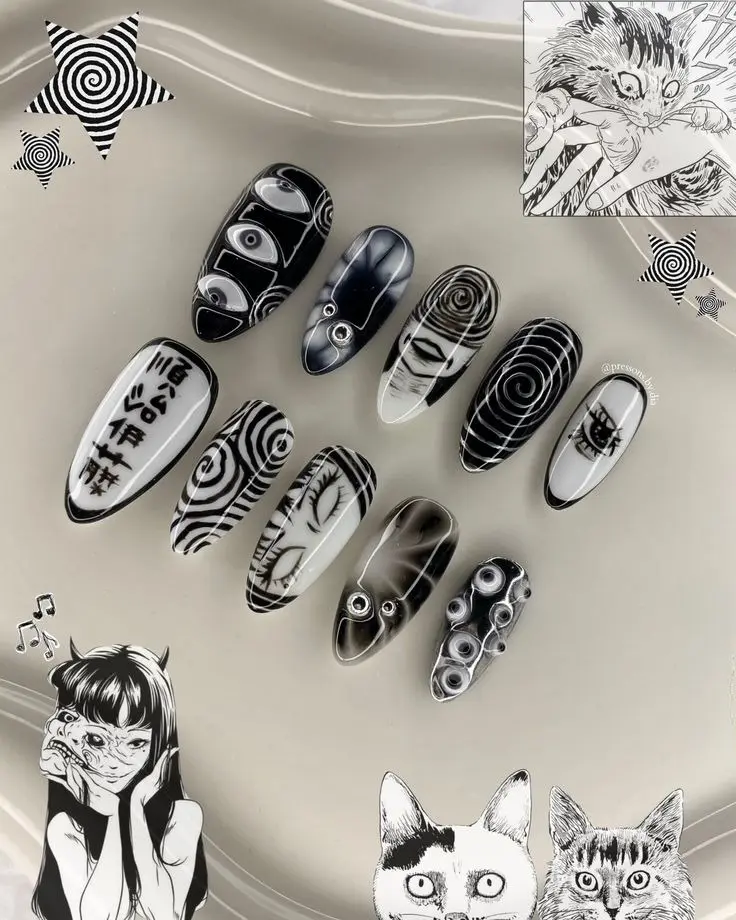 Spiral Horror Handmade Press On Nails Uzumaki | Black White Gothic Eye & Spiral Nail Art | Halloween Reusable Gel False Nails with Gift Set (Adhesive Tabs, Nail File, Cuticle Stick) | Reusable Fake Nails