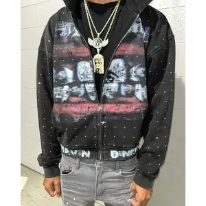 Today Only!Streetwear Fashion Rhinestone Zip Up Sweatshirt Harajuku Lips Graphic Print Oversized Hoodie Goth Black Hooded Jacket Men Women Fashion Autumn New Fashion Halloween Today's Outfit Y2K