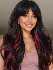 26 Inch Long Curly Wig with Bangs, Synthetic Hair for All Ages, Elegant Women's Wig, Suitable for Any Face Shape, Synthetic Machine Wigs, Synthetic Wavy Wig, Synthetic Fiber Wigs