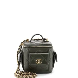 Pre-owned CHANEL Leather Toiletry Bags Polly Pocket Top Handle Vanity Case Quilted Lambskin Mini by Rebag