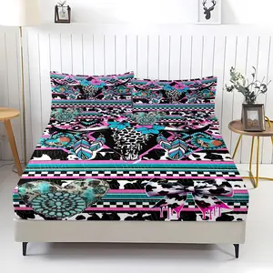 Bohemian Patchwork 3pcs Fitted Sheet Set, Cohesive Bedding Look,Featuring Bull Skull, Feather, Cow Print, Striped Elements Boho Bed Set, Bedding Set,Ultra-Fine Fiber Bed Cover,Perfect Choice Vintage Trendy Home Decor,Includes 2 Pillowcases,No Pillow Core