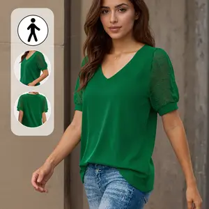 Chic V-Neck Short Sleeve T-Shirt for Women Lightweight Swiss Dot Puff Sleeve Blouse for Office Wear