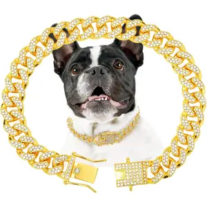 Gold Dog Chain Diamond Gold Chain Dog Collar Walking Metal Chain Collar with Design Secure Buckle Pet Collar Jewelry Accessories Dog Necklace for Small Medium Large Dogs Cats (Gold,10 Inch) Adjustable Golden Dog Chain Collar