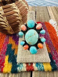Handcrafted Spiny, Turquoise & Sterling Silver Cluster Ring Size 9.5 by Sheila Becenti