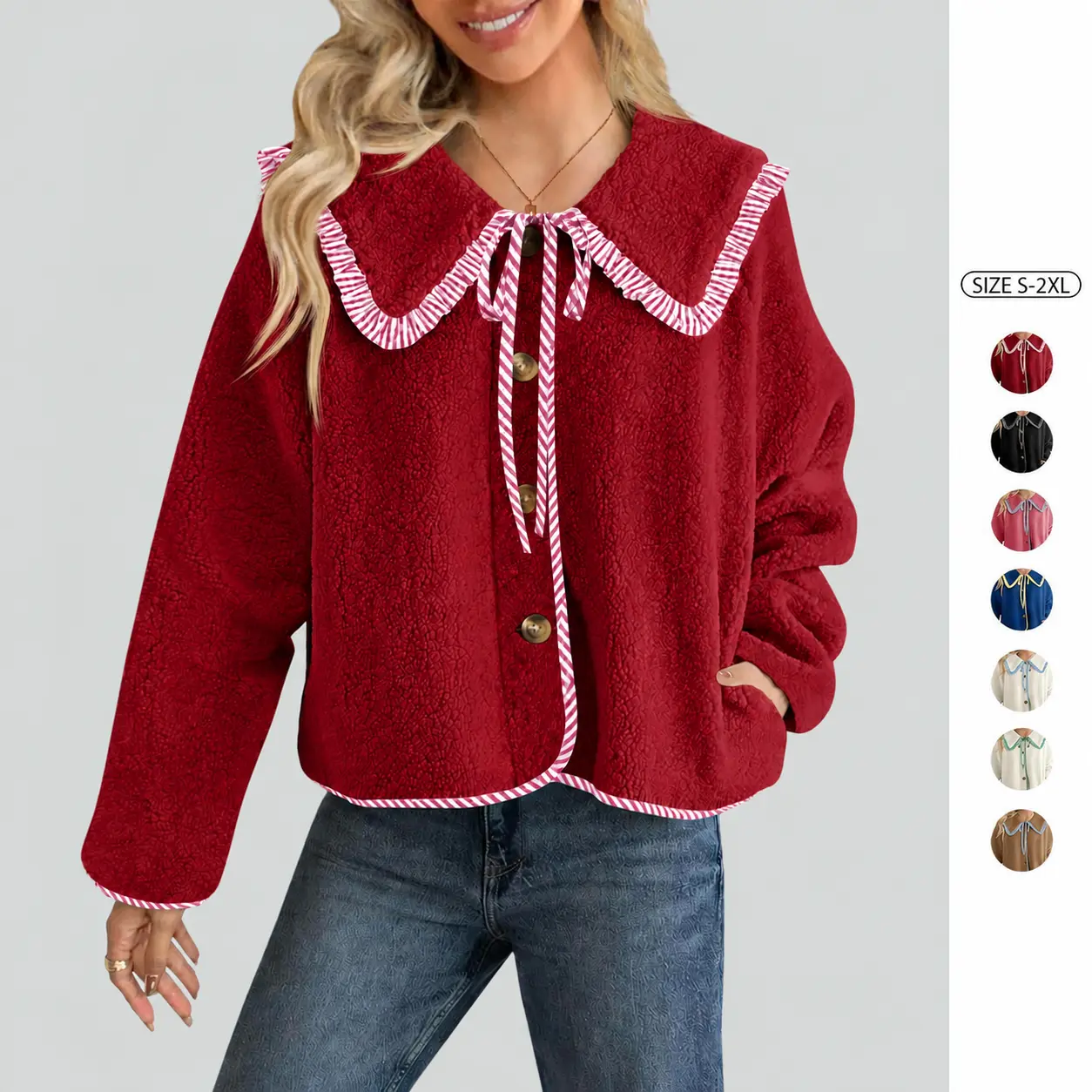 【Christmas sale】Womens Fuzzy Fleece Jacket Peter Pan Collar Button Down Fall Winter Sherpa Coats Colorblock Cute Warm Outerwear