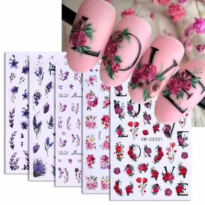5 Pcs Floral Nail Art Stickers Set, Self-Adhesive Rose Lavender Design, DIY Manicure Decorations, Perfect Valentine's Day Gift