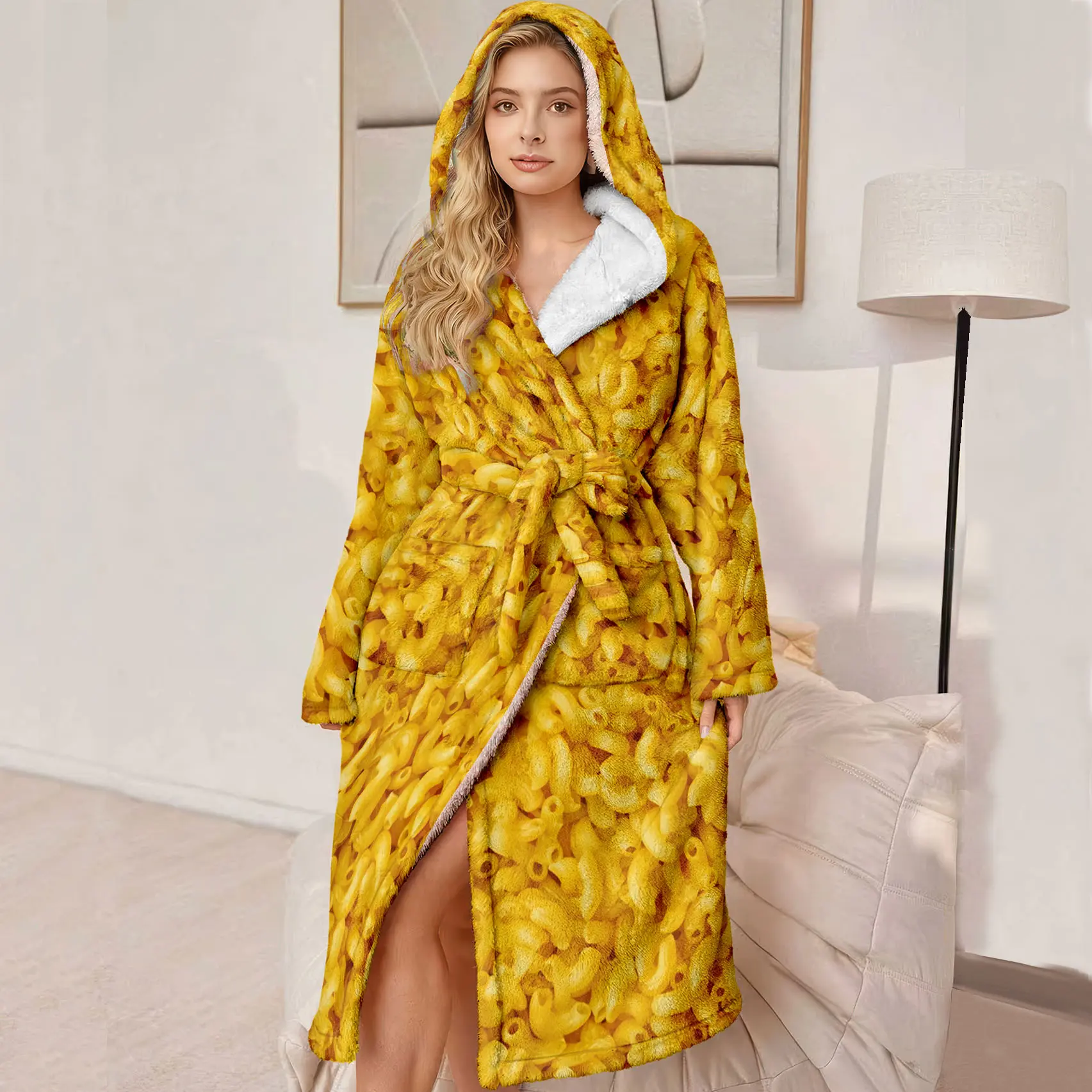 Women's Hooded Bathrobe, Soft Plush Long Robe, Puffy Women's Bathrobe, Pattern, Gift for Mother and Wife, Bedroom