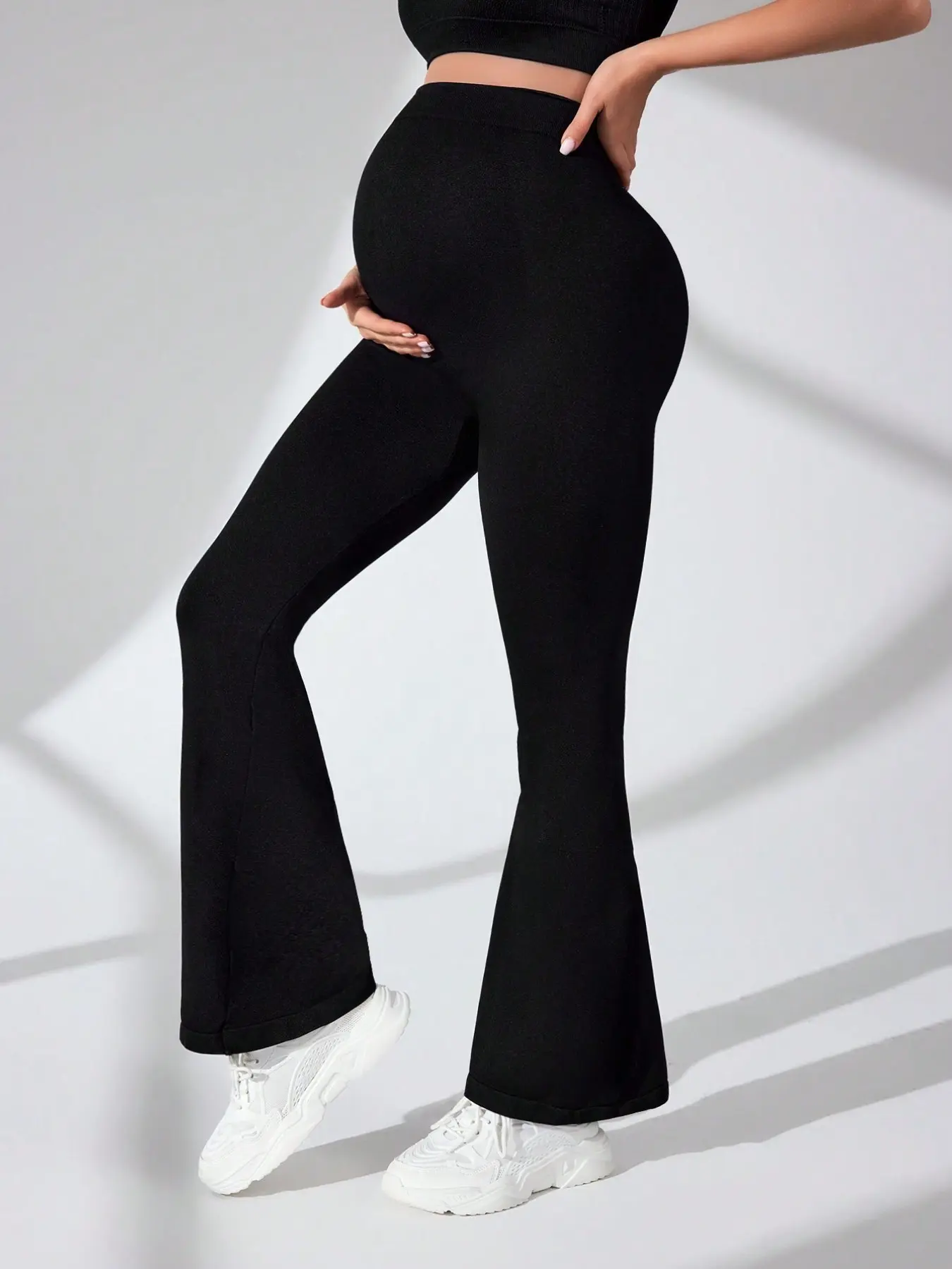1 Piece Pregnant High Waist Seamless Belly Support Bell Bottom Pants, Soft Elastic Full-Length Maternity Underwear, Maternity Summer Clothes, Pregnancy Bottoms