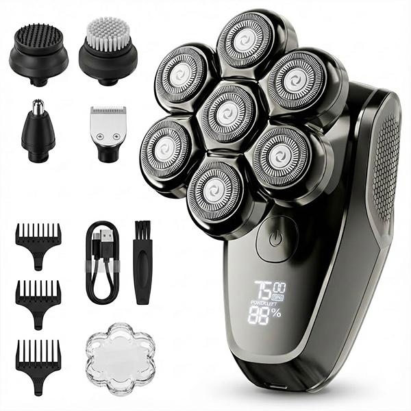 FLITOK Electric Head & Face Shaver for Bald Men 6-in-1 Waterproof IPX7 7D Magnetic Razor Type-C Fast Charge LCD Screen Nose Trimmer & Face Brush Kit Travel Ready