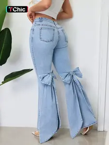Elegant Women's High Waist Slim Fit Denim Jeans, Butterfly Knot Design, Stretchy Micro Flare Pants, Casual Chic Fashion for All Seasons