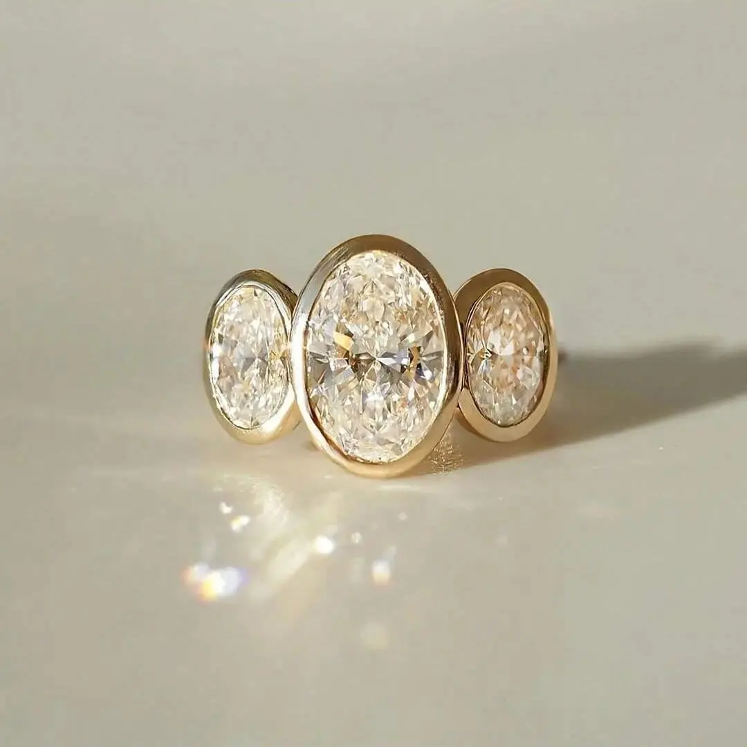 Women's 14K Yellow Gold Plated Oval Cut Diamond Art Deco Delicate 3-Stone Bezel Set Statement Engagement Ring, Handmade Detail, Statement  Shine, Christmas Costume Jewelry Ring