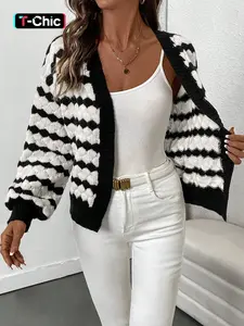 Women's All over Striped Print Open Front Fitted Cardigan, Casual Long Sleeve Cardigan Sweater for Fall & Winter, Women's Knit Clothing for Daily Wear, Knitwear, Tops