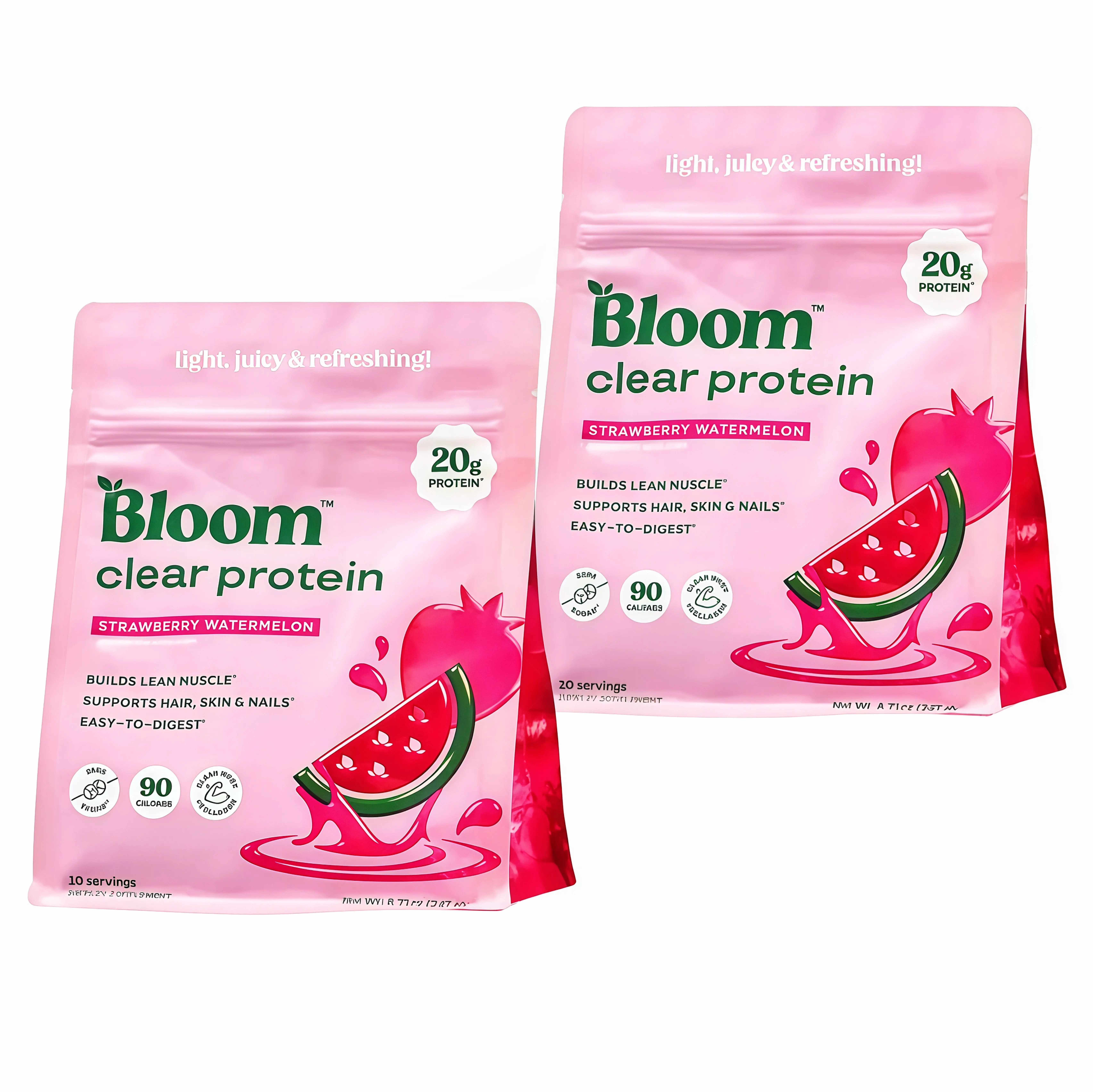 2 Pack Bloom Nutrition Clear Protein Powder, Strawberry Watermelon Flavor, 20g Whey Collagen Protein, Zero Sugar, 90 Calories, 10 Servings